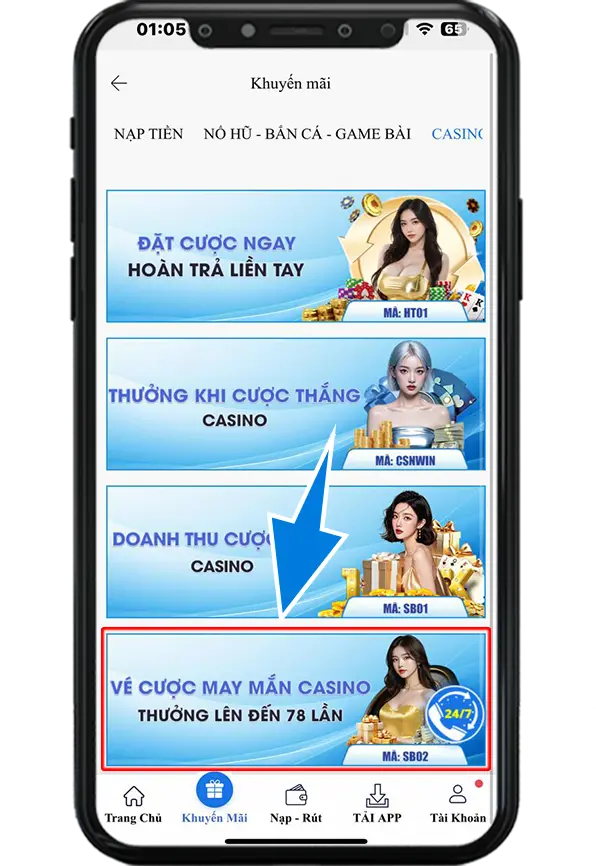 Bước 2 : Chọn khuyến mãi Vé Cược May Mắn Casino - SB02